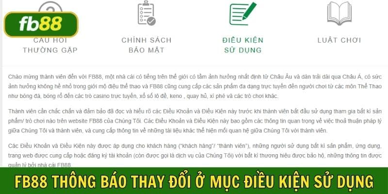 FB88 thông báo các thay đổi có liên quan trên chuyên mục Điều kiện tham gia